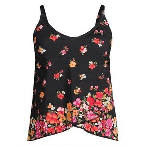 Land's End Plus Standard V neck Tulip tankini top Black Meadow Floral Border Var